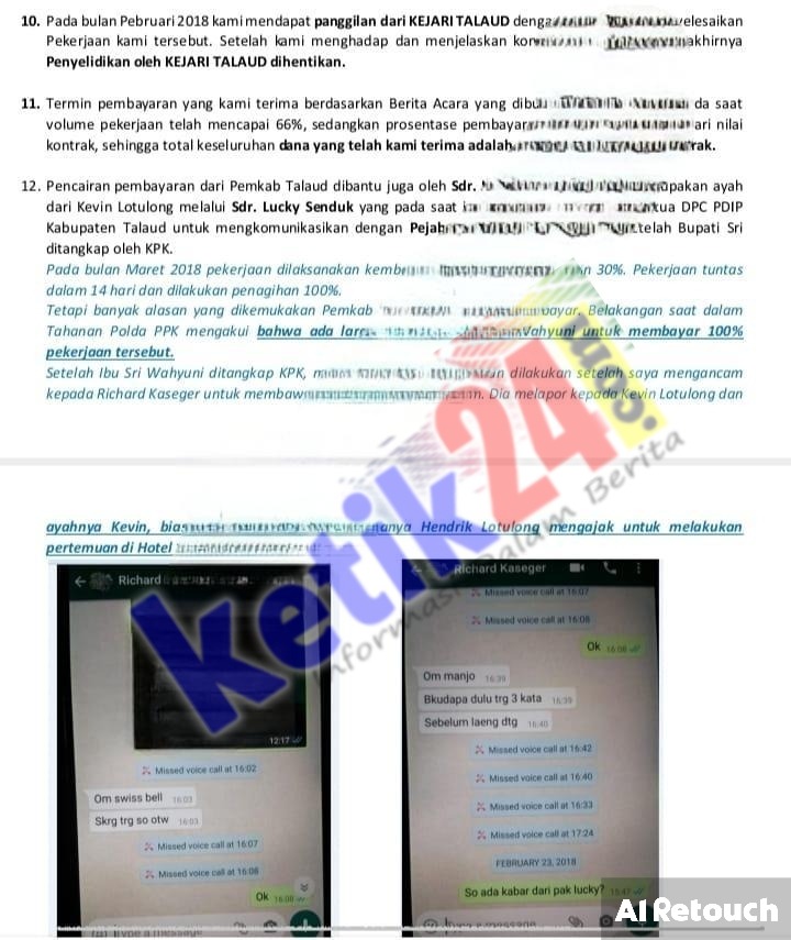 Bukti chatingan Richard dan Youke Pangalila. (Ist) Isi memori banding terpidana Jhon Youke Pangalila yang menerangkan ayah Kevin, HP dan Ketua PDIP Talaud mencairkan anggaran di Pemkab Talaud. (Ist)