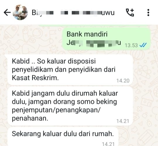 Pesan whatsApp oknum ABR alias Billy