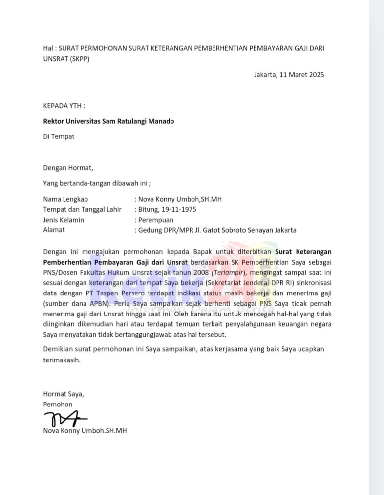 Surat Permohonan mantan Dosen ASN Unsrat ke Rektor.